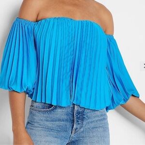 Express Off The Shoulder Pleated Balloon Sleeve Top Color Blue Size S